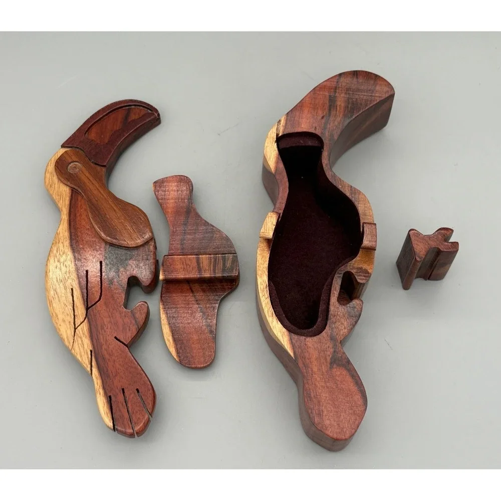 Vintage Toucan Wooden Puzzle Box Hand Carved Lined Trinket Box 9